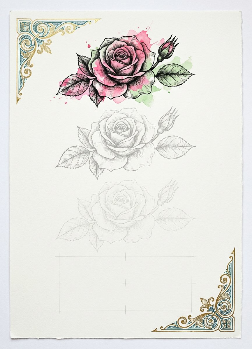 Tracing sheet fading a rose from finished ink to dotted guide lines for birth month flower drawing practice