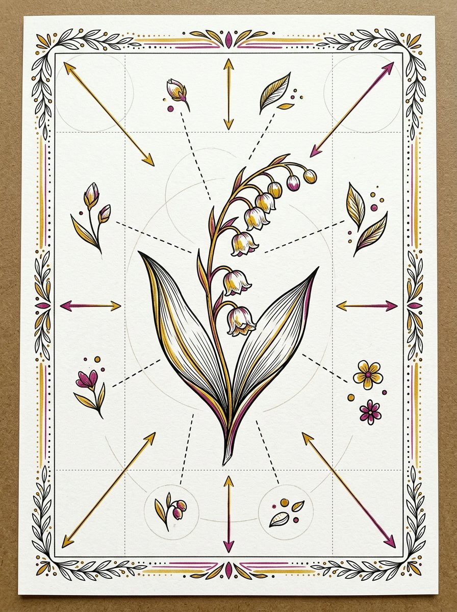 Spacing worksheet for a birth month flower drawing: where the small accent marks go around a lily of the valley stem