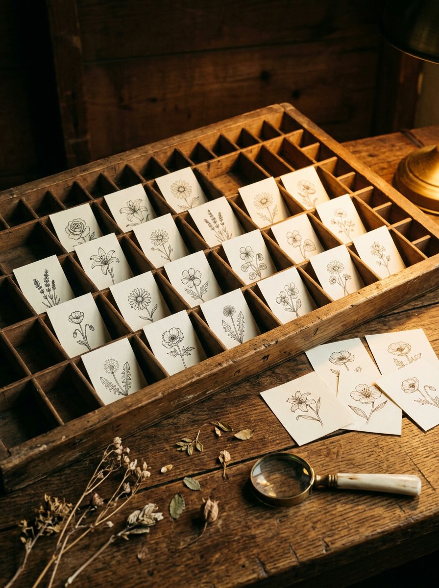 Birth month flower drawing: a shallow wooden specimen drawer pulled open, each compartment holding one small ink flower study