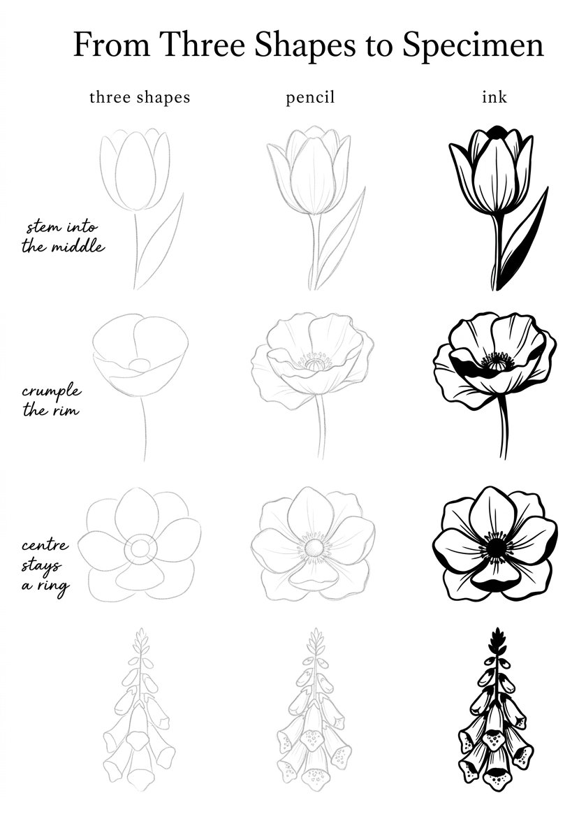 Botanical drawing for beginners: tulip, poppy, anemone and foxglove as shapes, pencil, then finished ink