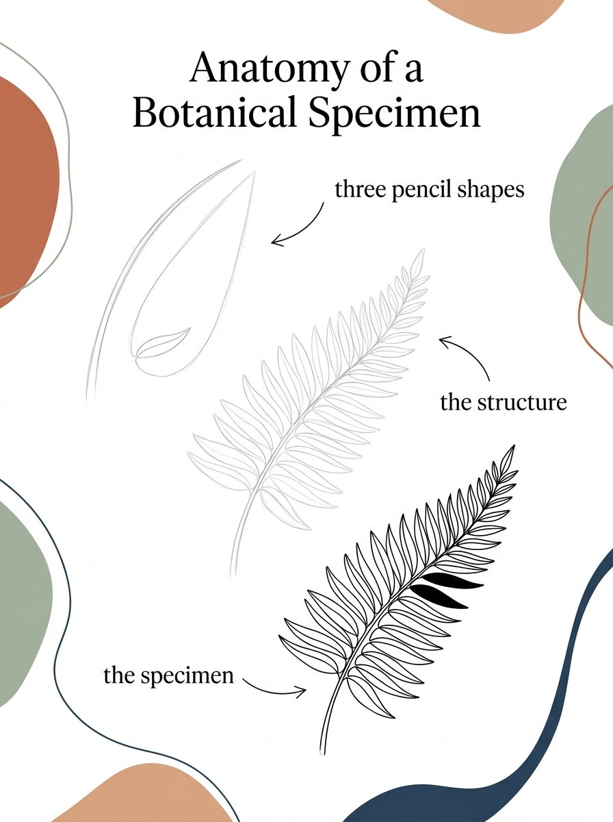 Botanical drawing for beginners, anatomy of a specimen: a fern frond from three pencil shapes to inked specimen
