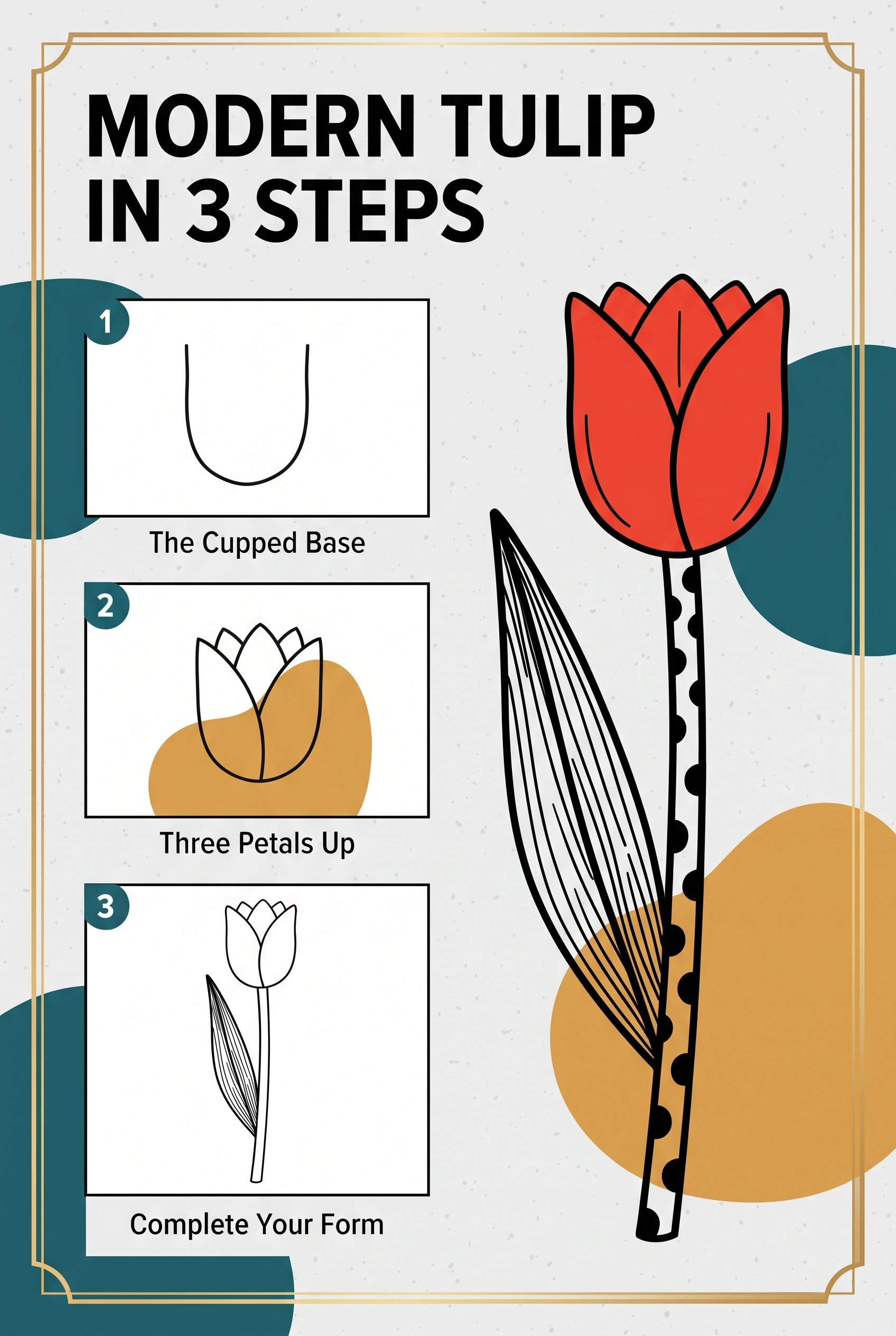 Botanical drawing for beginners practice sheet: a tulip built from a cupped base, three petals and a stem