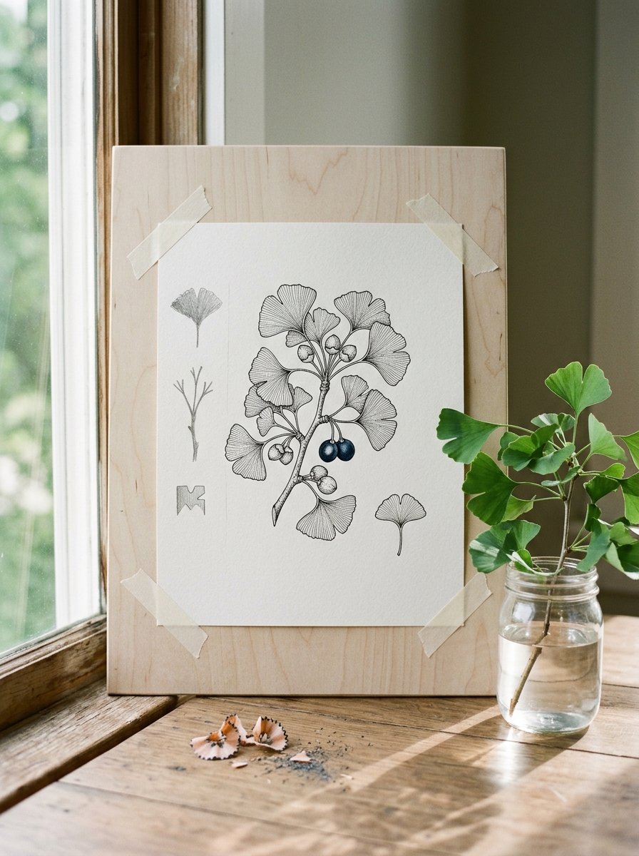 Ginkgo specimen drawing taped to a drawing board by a window, three pencil shapes at its edge and a real sprig in water
