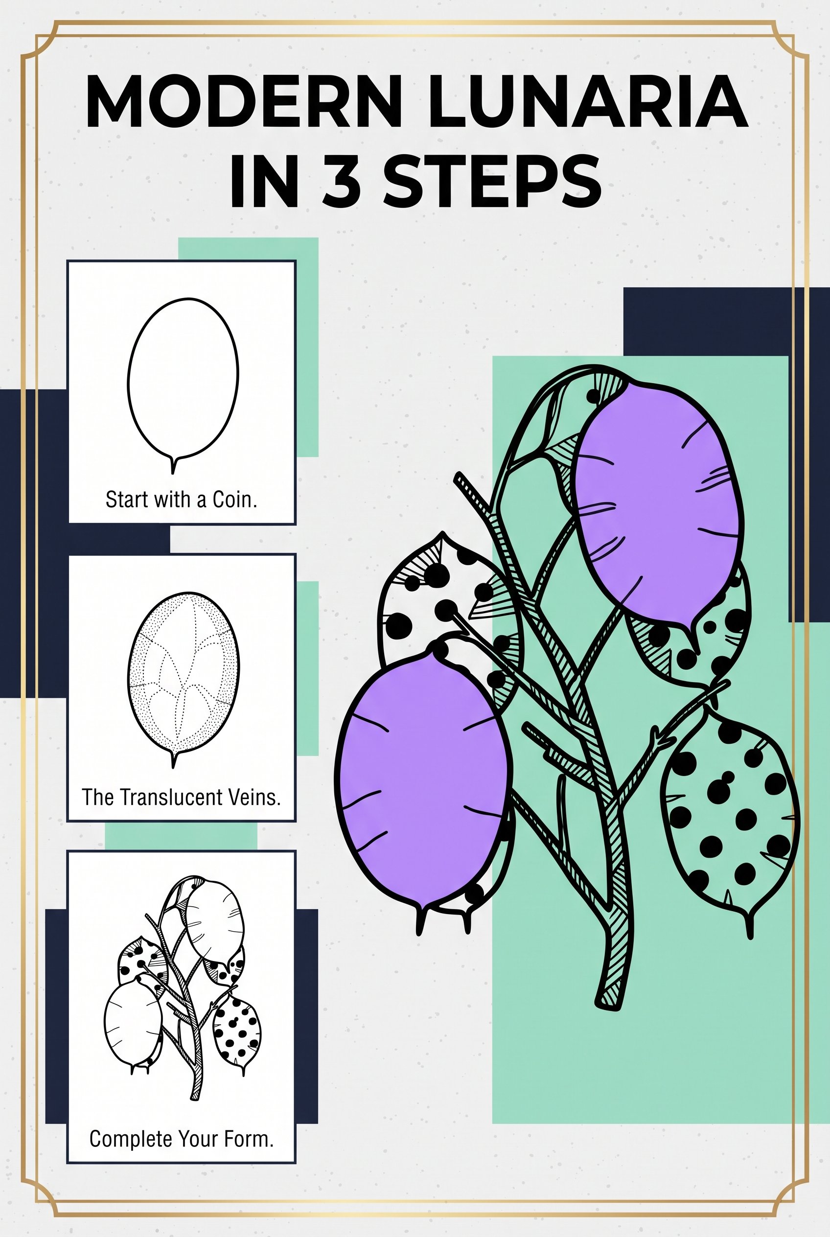 Honesty pod drawing in three steps, starting from a single coin shape