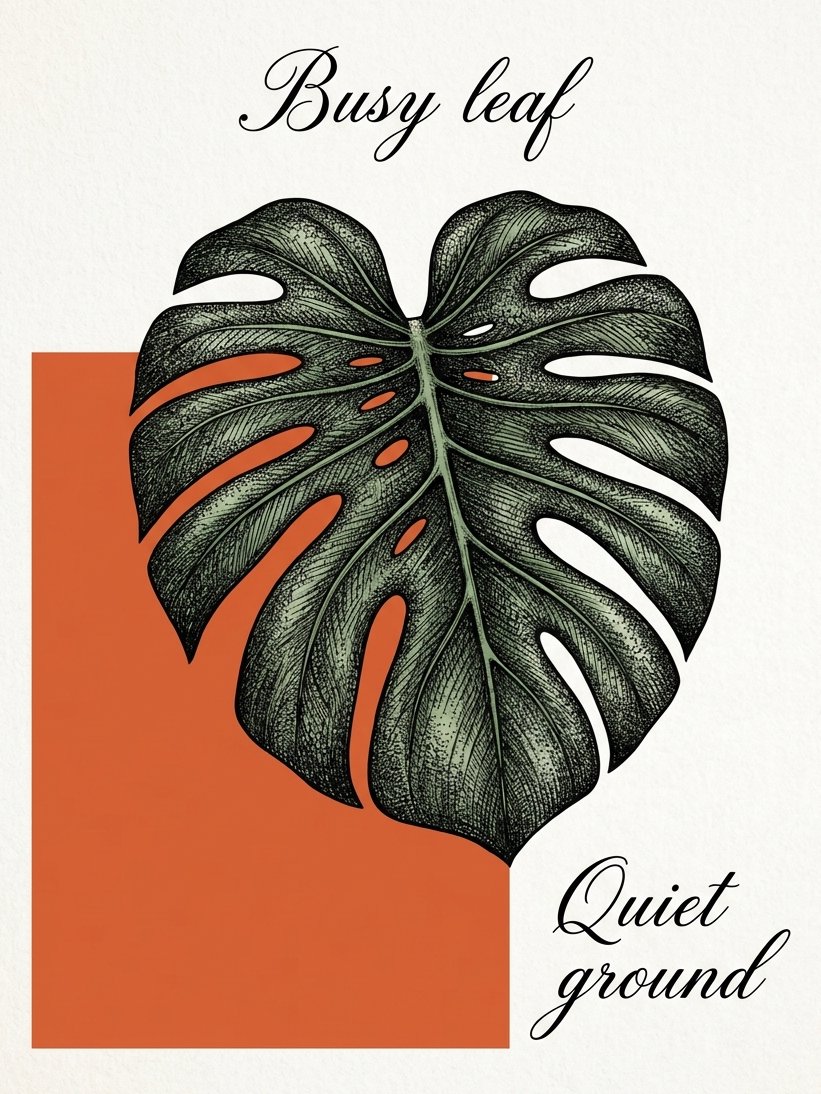 Monstera leaf in dense pen and ink against a plain terracotta block: busy leaf, quiet ground
