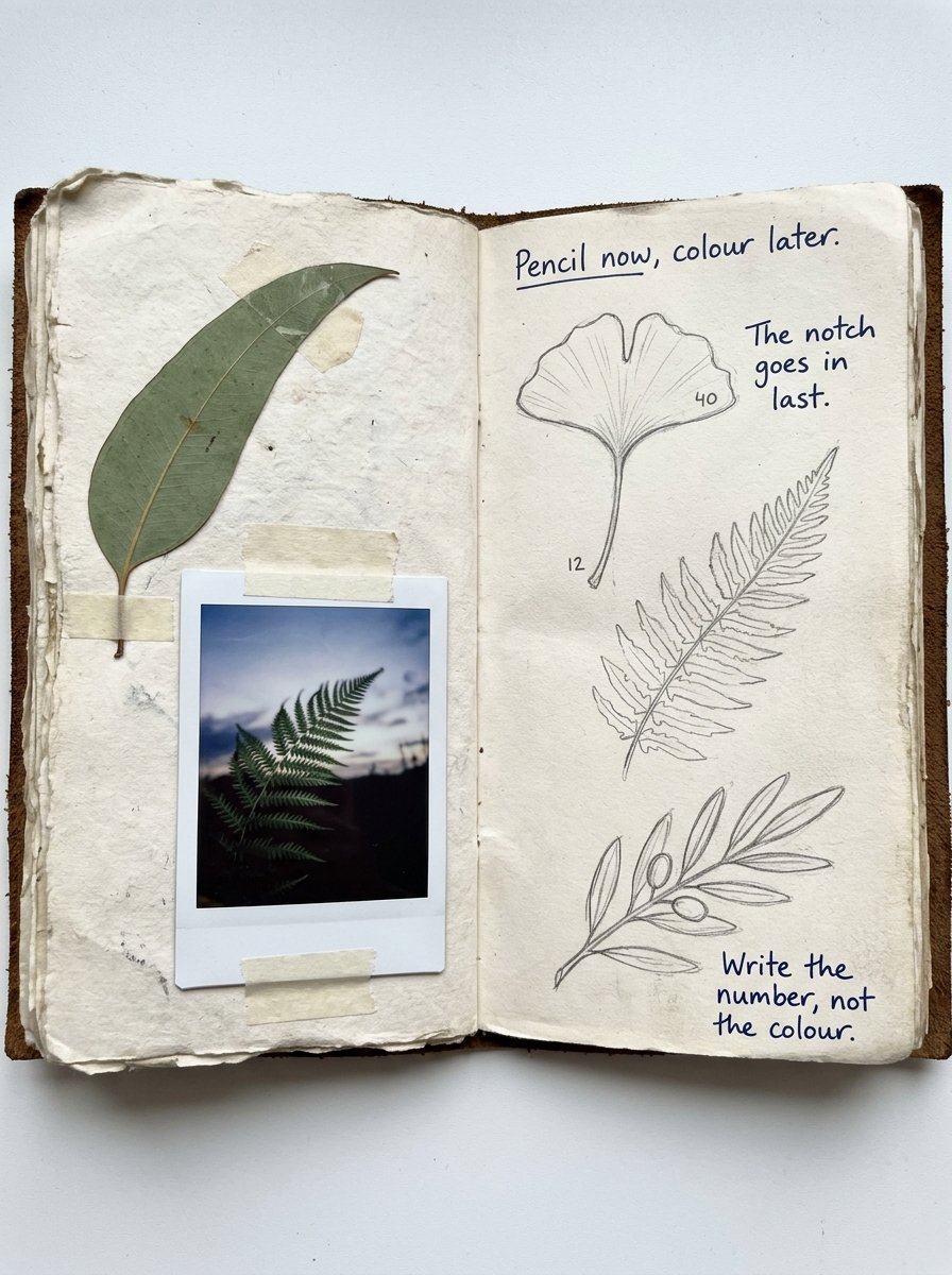 Botanical drawing for beginners field notebook: pencil ginkgo, fern and olive branch with colour numbers