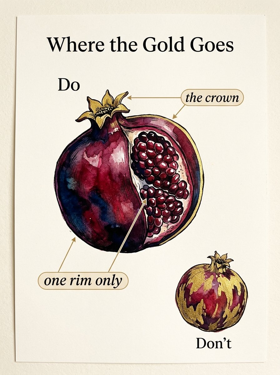 Pomegranate drawing showing where the gold goes: on the crown and one rim only