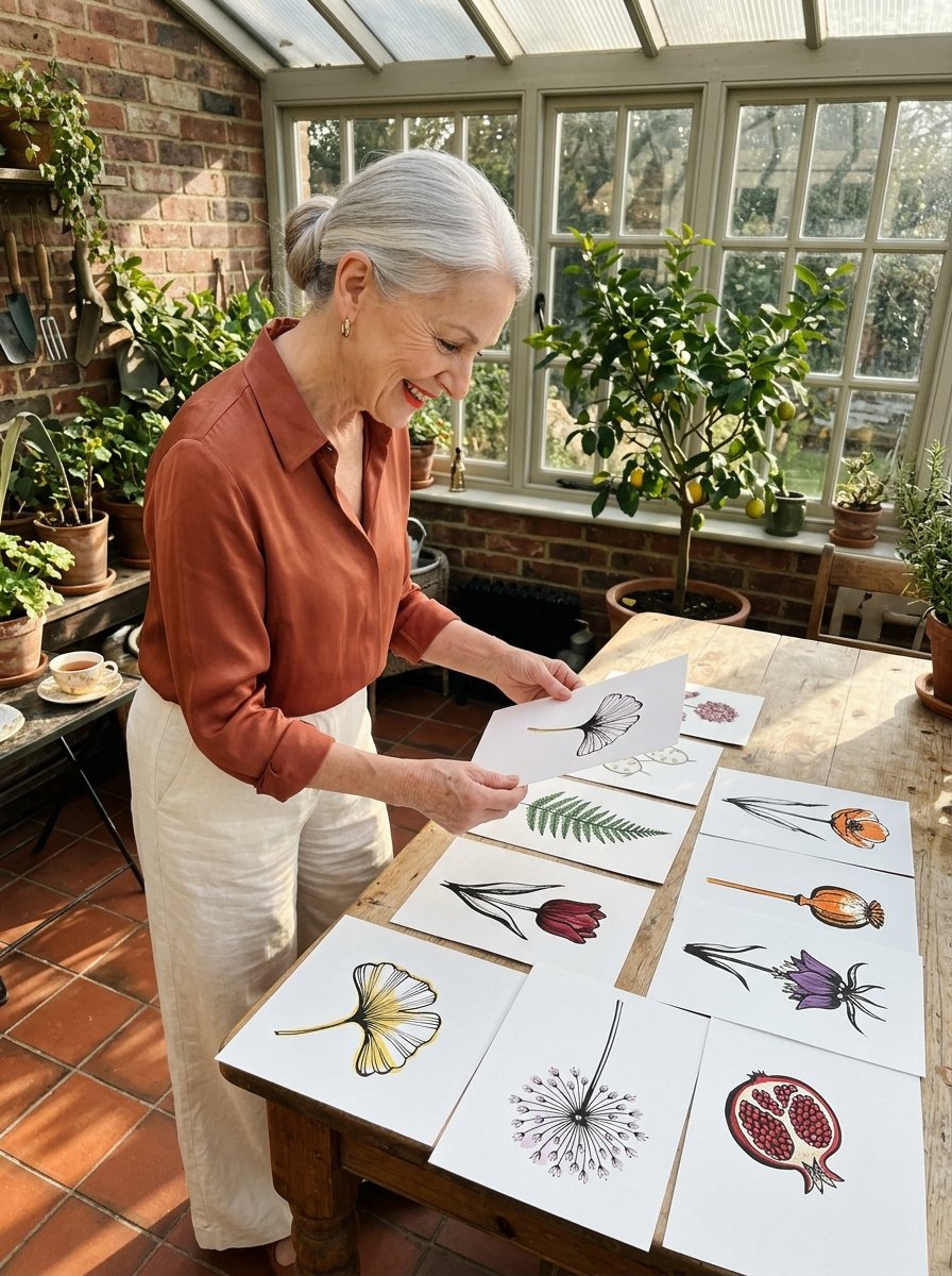 Woman smiling as she sorts a table of finished botanical drawings for beginners in a sunny garden room