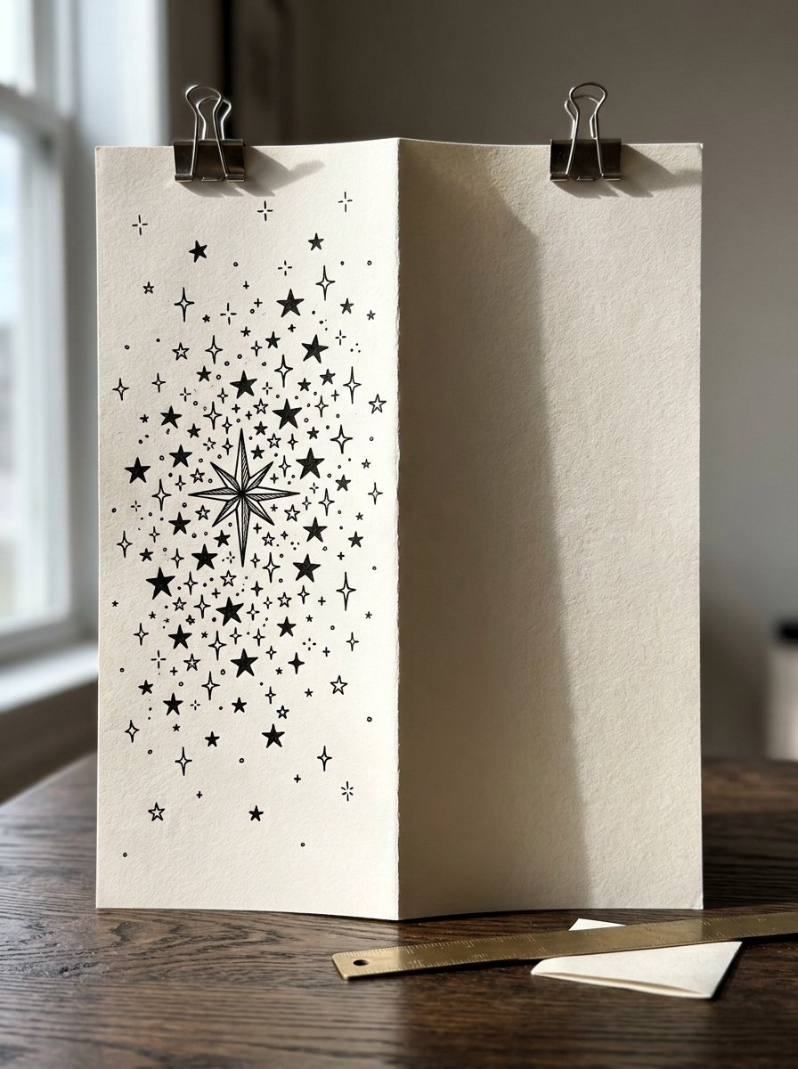 A folded sheet with one half drawn as a full celestial drawing and the other half left bare