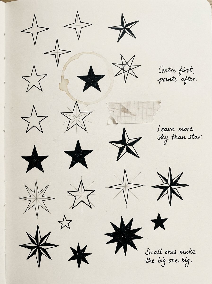 Artist journal page of celestial drawing attempts with handwritten margin notes
