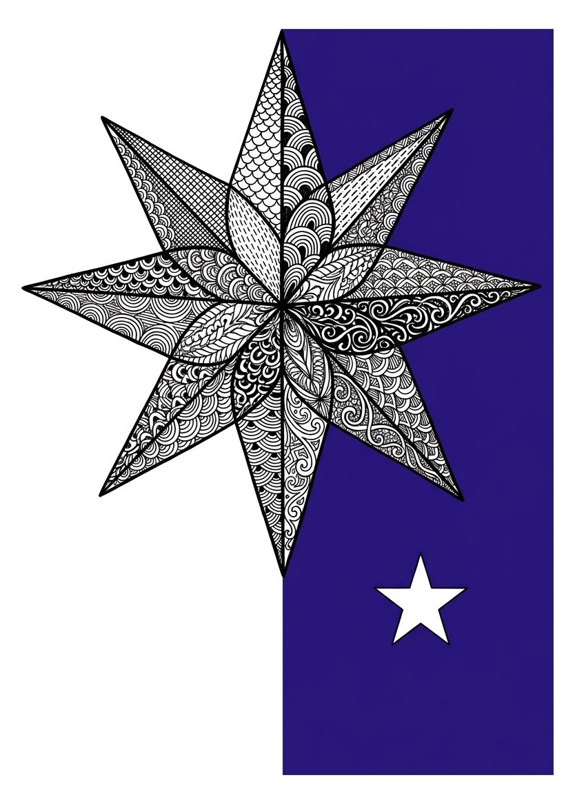 One densely worked celestial drawing star set against a clean block of colour