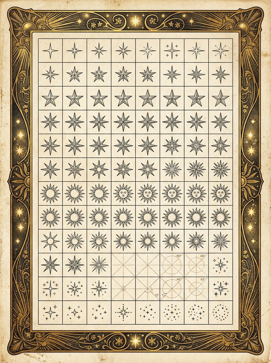 Celestial drawing reference plate of 100 star, sparkle and sun forms in black ink