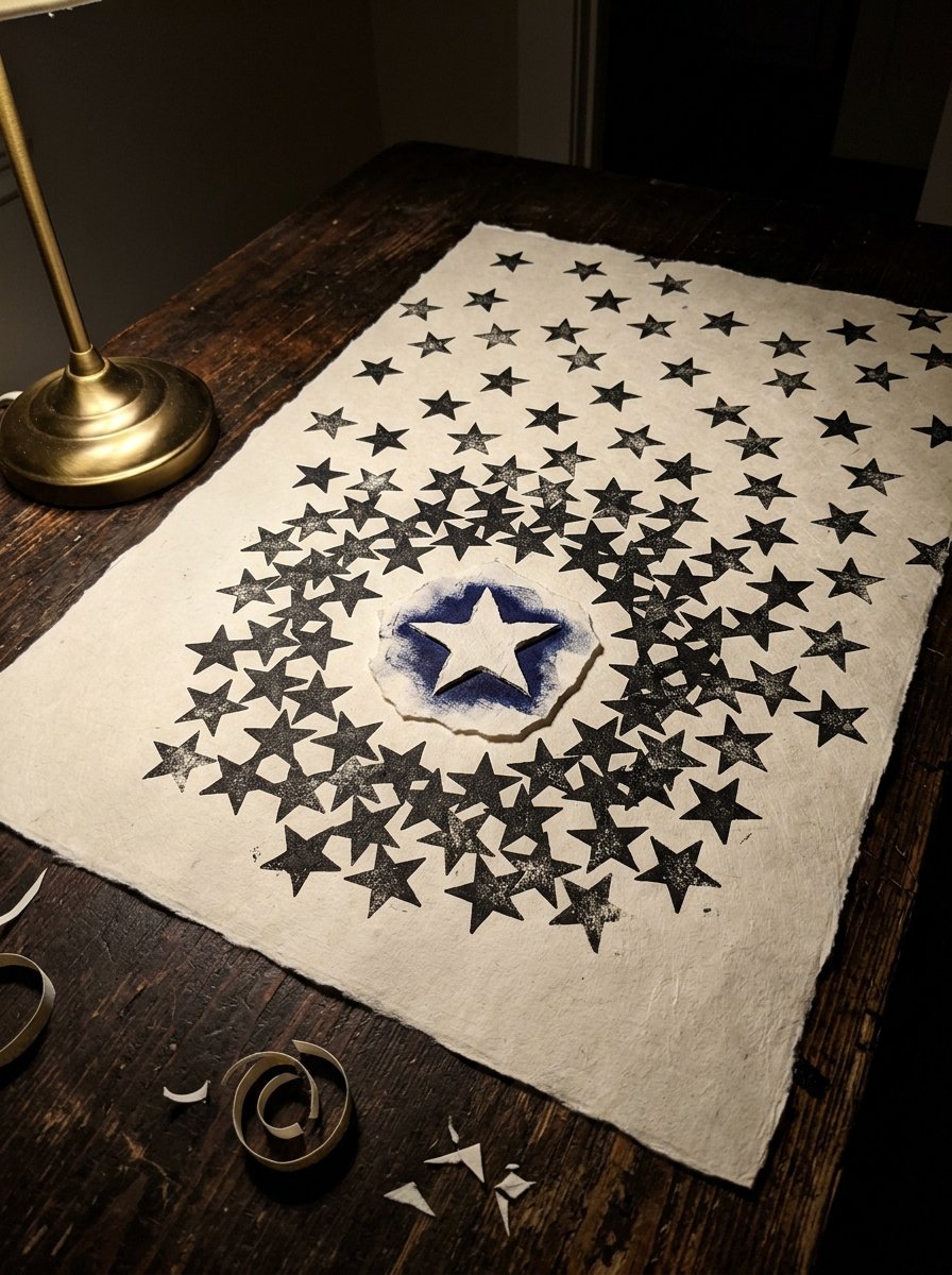 One hand-cut star stencil stamped over and over into a drifting night sky