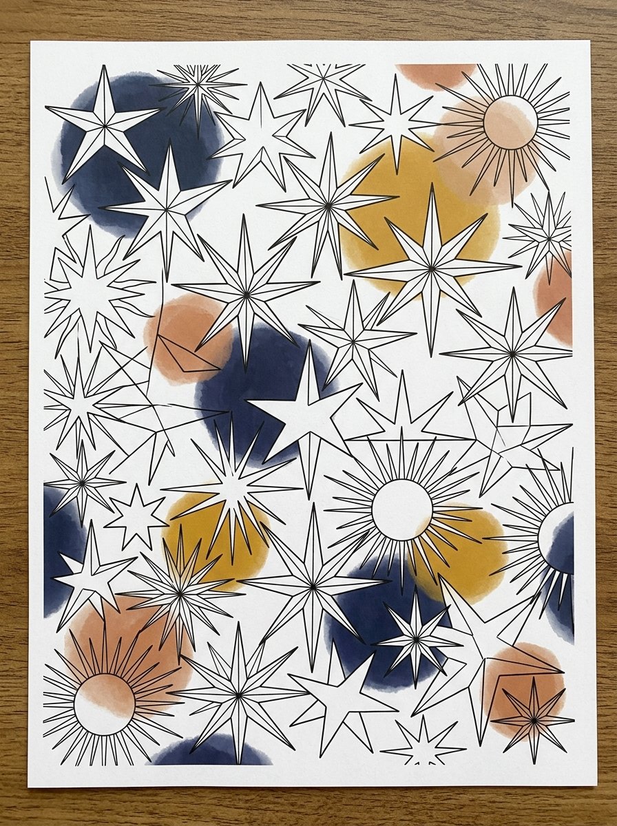 Outlined star and ray shapes on a printable sheet waiting to be filled with pattern