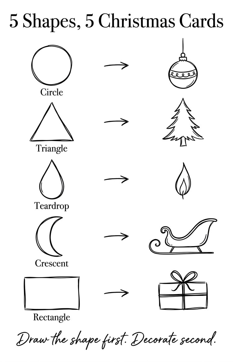 Free christmas card drawing ideas sheet: 5 plain shapes becoming 5 Christmas motifs