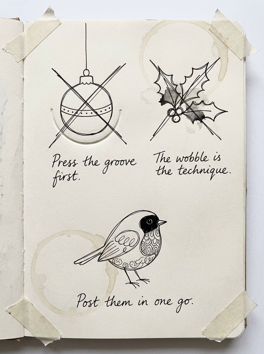 A journal page of christmas card drawing ideas, with a grooved bauble and a blotted holly sprig