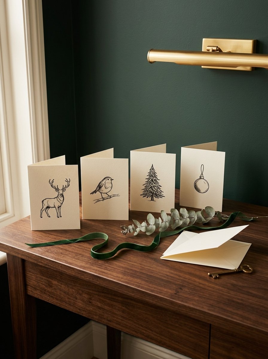 Finished hand-drawn Christmas cards propped in a row, one sliding into a cream envelope