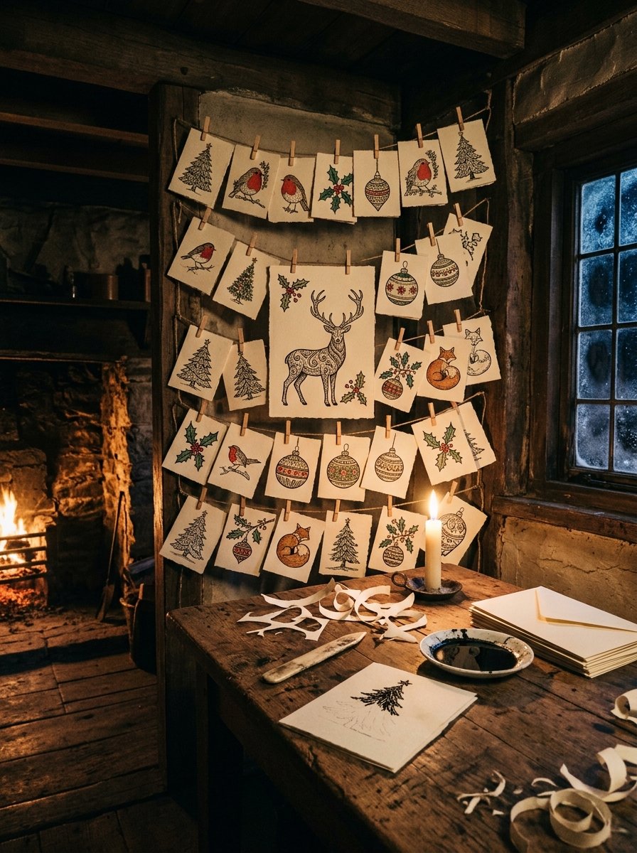Christmas card drawing ideas pegged across a workroom wall at night, one card still unfinished on the bench