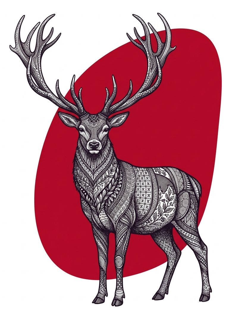 One dense drawn stag against a flat colour block, the contrast behind good christmas card drawing ideas