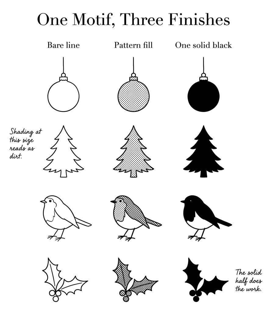 Christmas card drawing ideas shown three ways: bare line, pattern fill and one solid black
