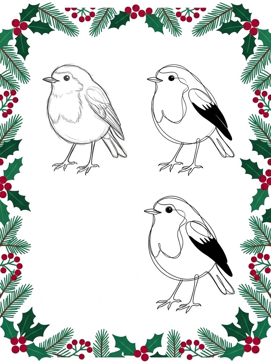 Stiff and loose versions of the same robin, a core move in christmas card drawing ideas