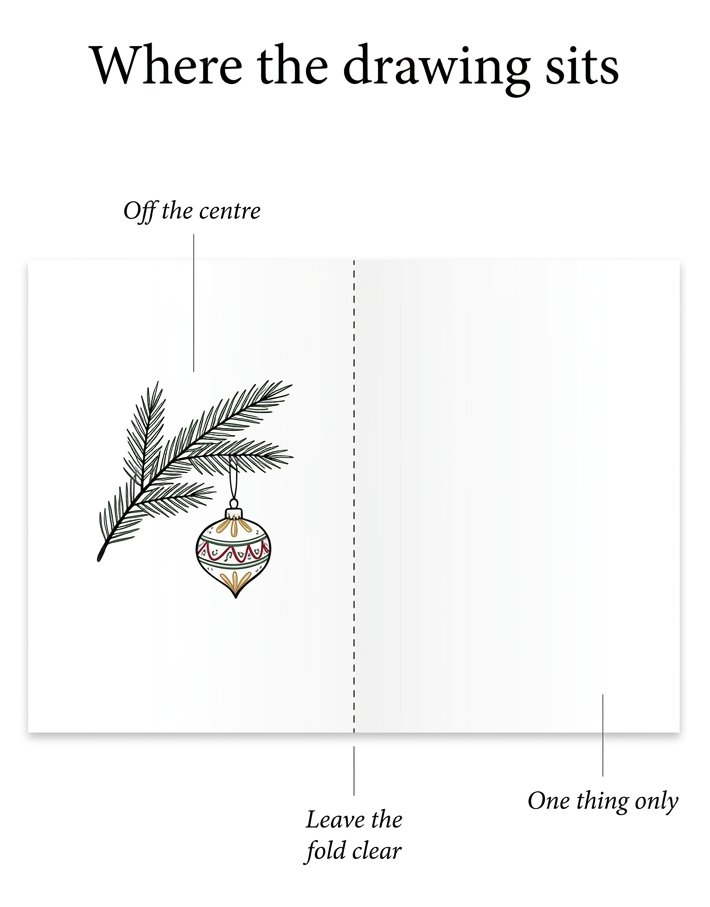 Where the drawing sits on a folded card, the layout rule behind christmas card drawing ideas