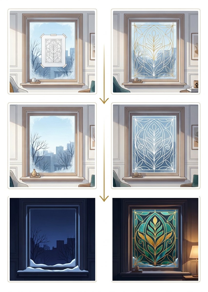 Christmas window painting ideas in 3 stages: bare pane, traced outline, then the finished design lit at night