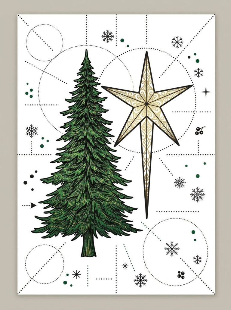 Christmas window painting ideas: a free template sheet with a tall fir and a 5-point star to trace
