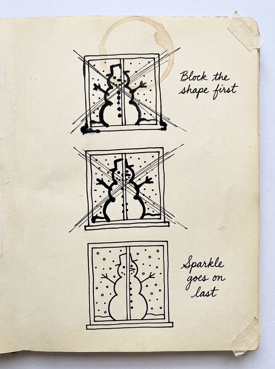 An artist journal page showing dots added before the solid shape, and the fix underneath