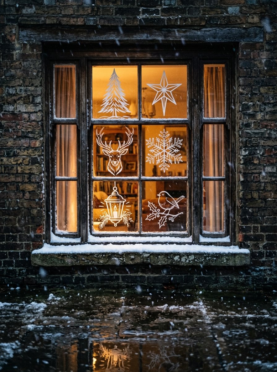 Christmas window painting ideas: a lit sash window painted with a fir, a star and a stag, seen from the snowy street