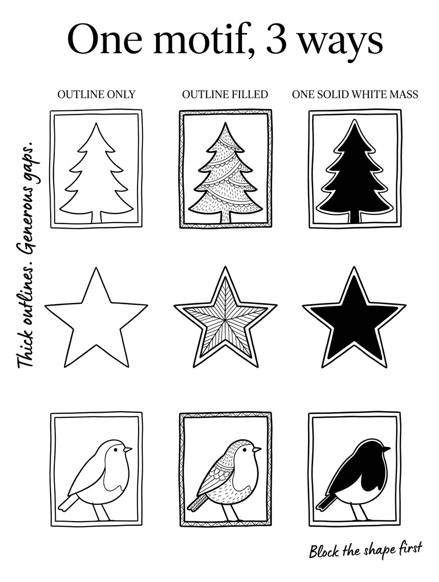 One motif drawn 3 ways: outline only, outline filled, and outline with one solid mass