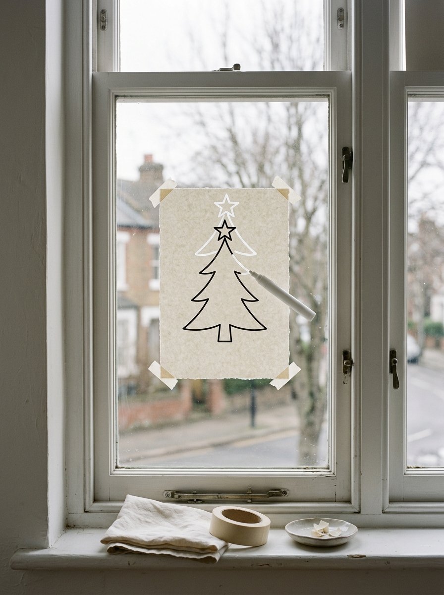 Christmas window painting ideas: a printed outline taped to the outside of the glass, the top half traced in white