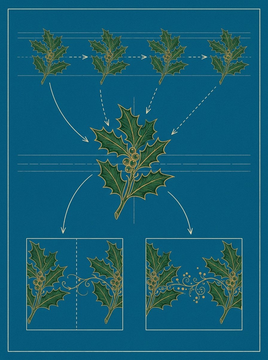A holly sprig repeated along a faint grid to make a border for the top of a pane