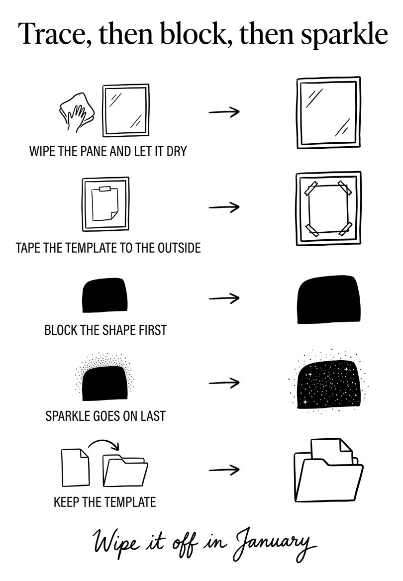 Christmas window painting ideas checklist: wipe, tape, block, sparkle, and keep the template