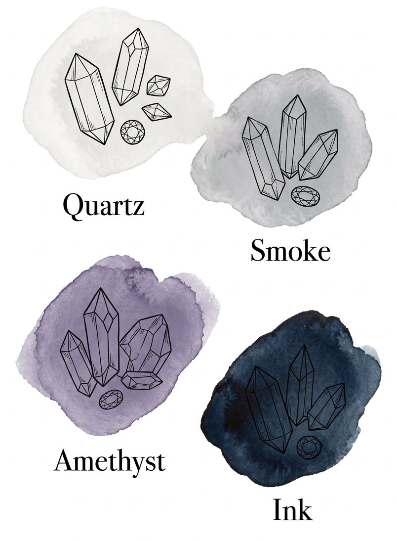 Colour palette for crystal drawing: quartz, smoke, amethyst and ink as four flat tones