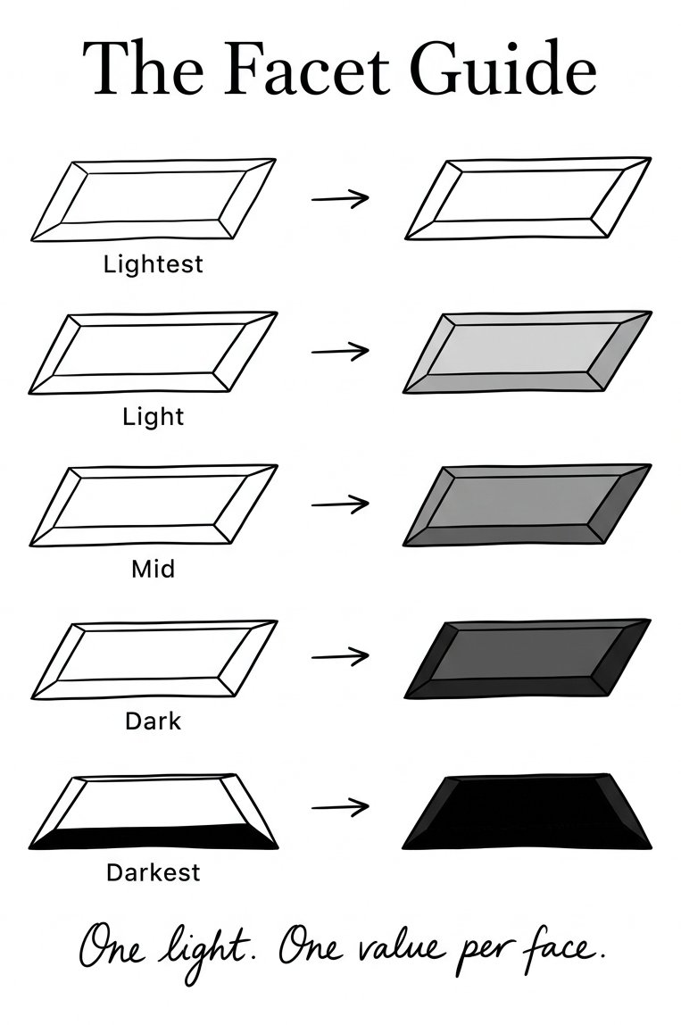 Free crystal drawing facet guide: 5 flat tone steps from Lightest to Darkest, one per facet