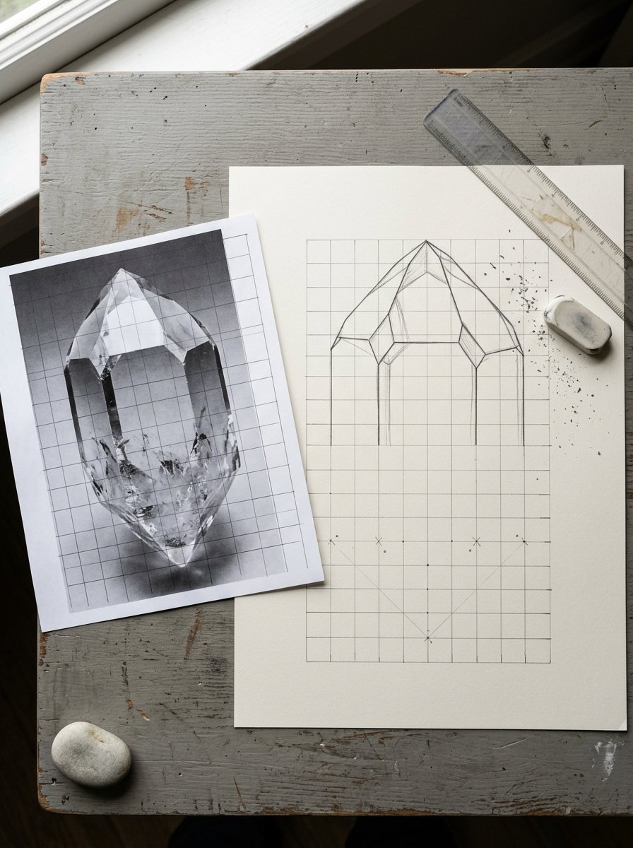 Grid transfer flat-lay, a photographed stone squared up beside the same facets half transferred in pencil