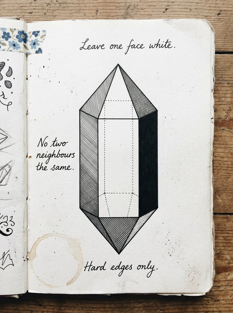Artist journal page of faceted stone studies, every plane sorted into one flat value, with handwritten margin notes