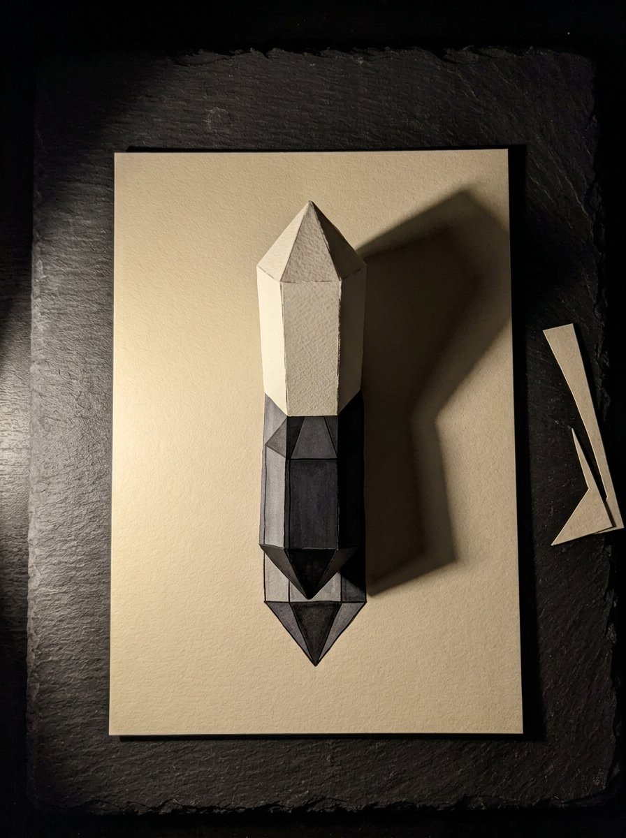 Crystal drawing cover: a hand-cut paper solid under one lamp, each face a different flat tone, standing on its own ink drawing