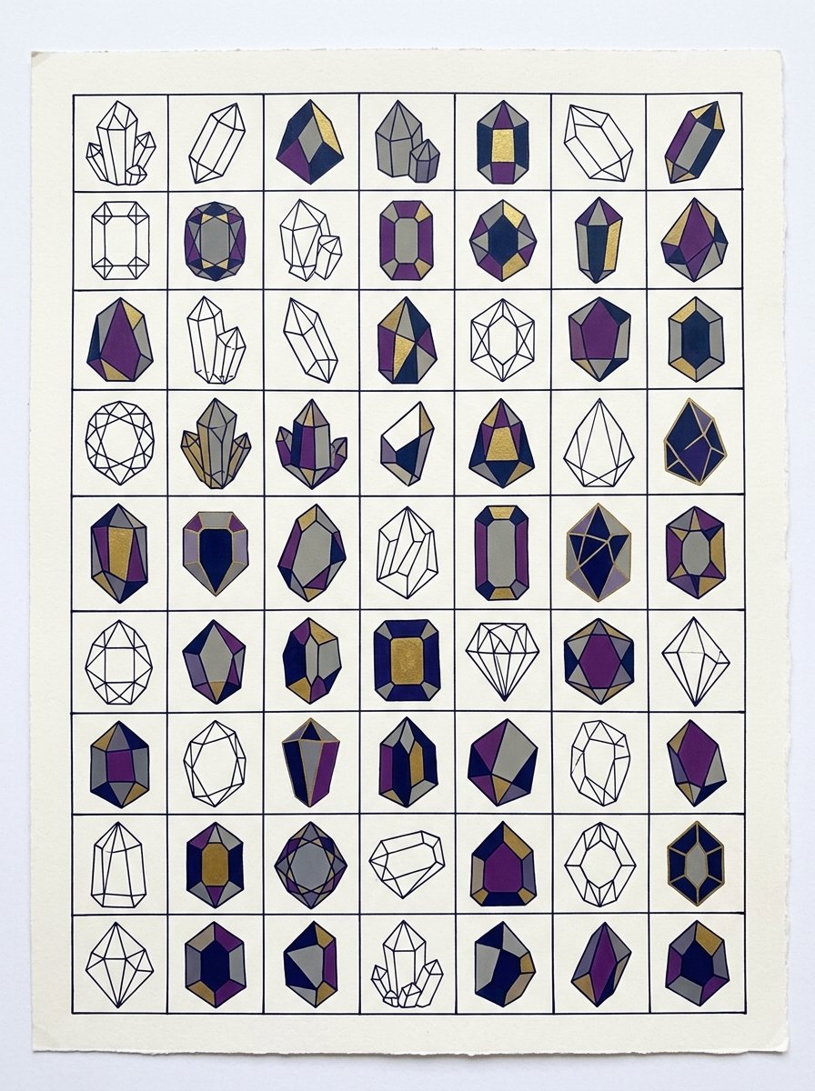 A grid of crystal drawings at different sizes and angles, arranged as a wall set of flat-toned stones