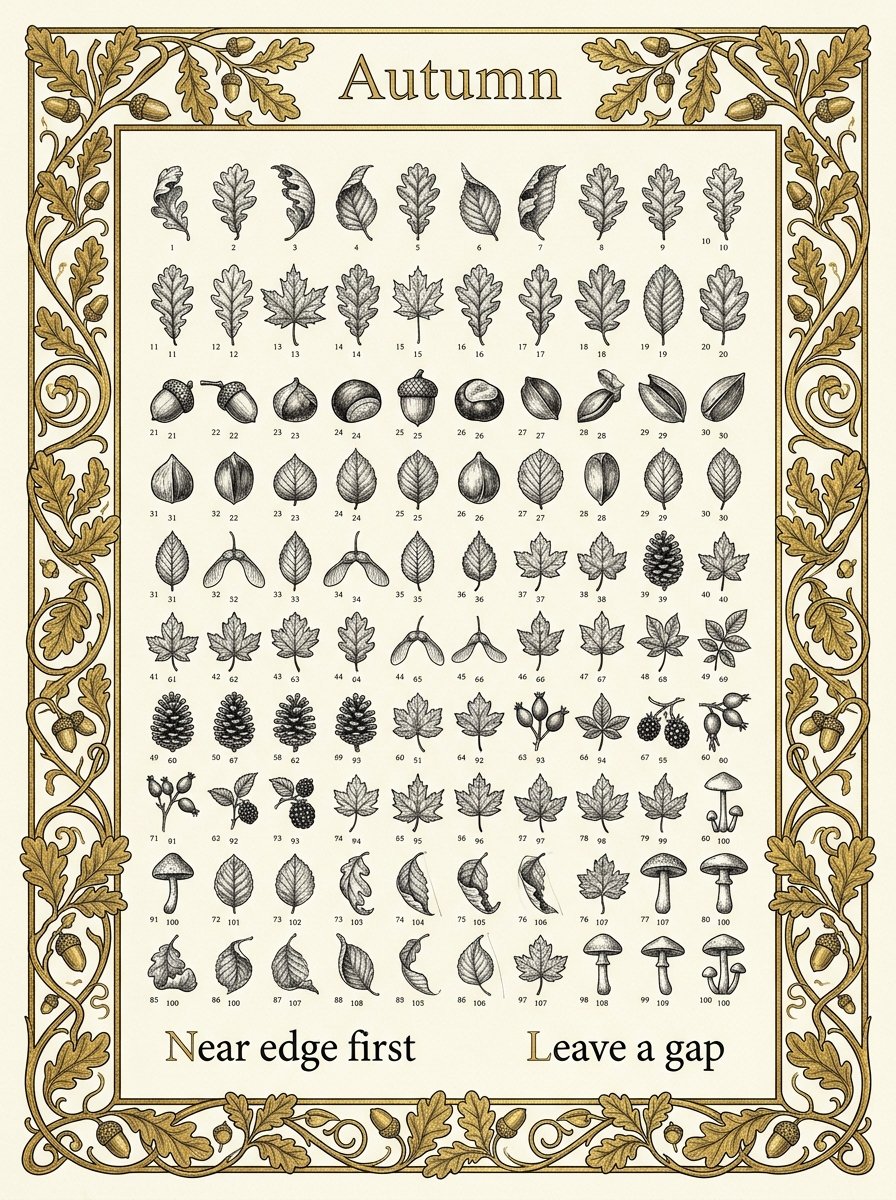 Catalogue of 100 small autumn things to draw: leaves, acorns, conkers, seeds and mushrooms