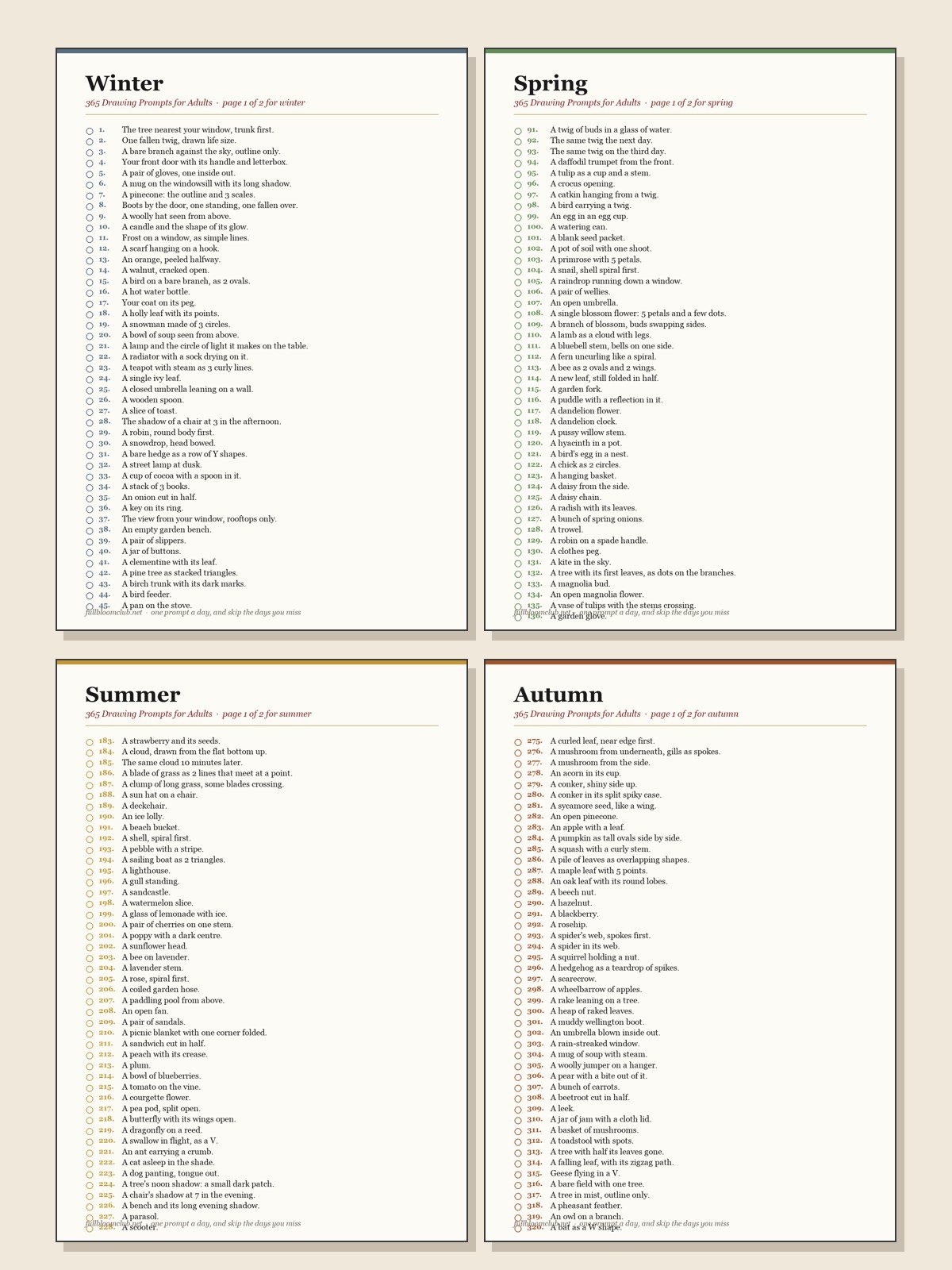 Free PDF of 365 drawing prompts for adults, sorted by season
