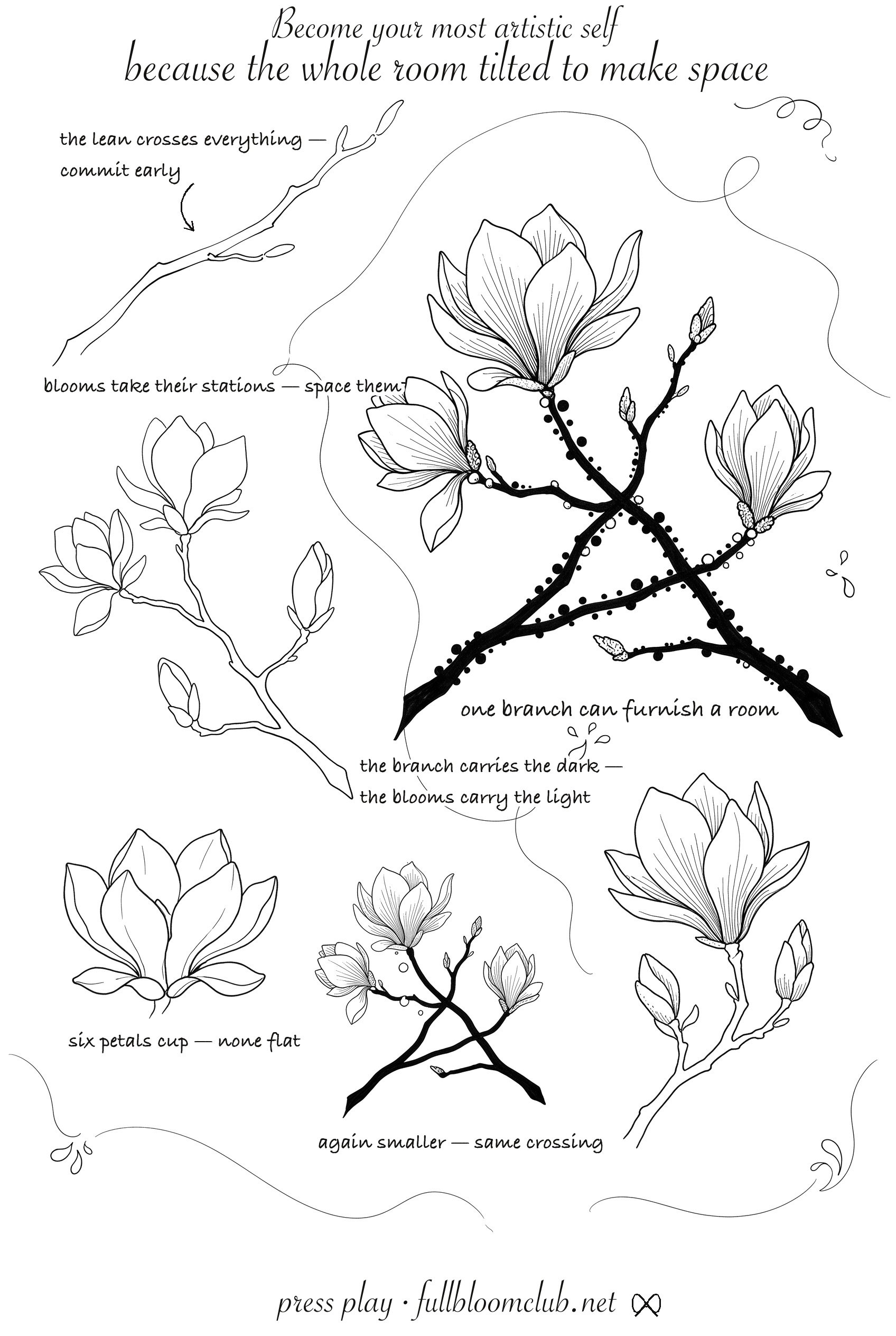 Magnolia branch drawing worksheet showing buds and open flowers built step by step