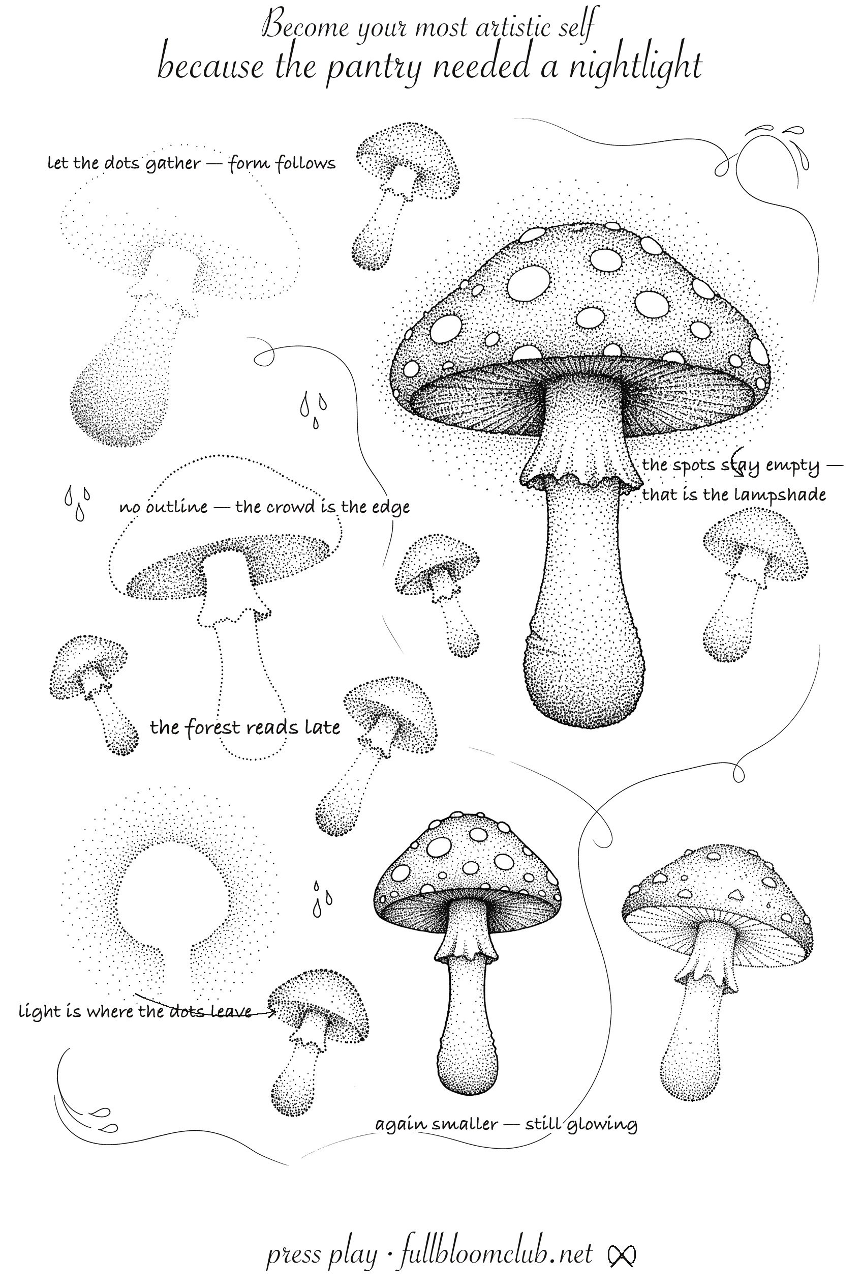 Mushroom drawing worksheet with caps, stems and dotted shading, an autumn drawing prompt
