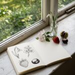 A sketchbook of seasonal drawing prompts on a sunny windowsill beside a snowdrop, blossom, strawberry and conker