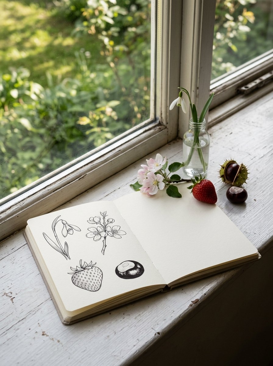A sketchbook of seasonal drawing prompts on a sunny windowsill beside a snowdrop, blossom, strawberry and conker