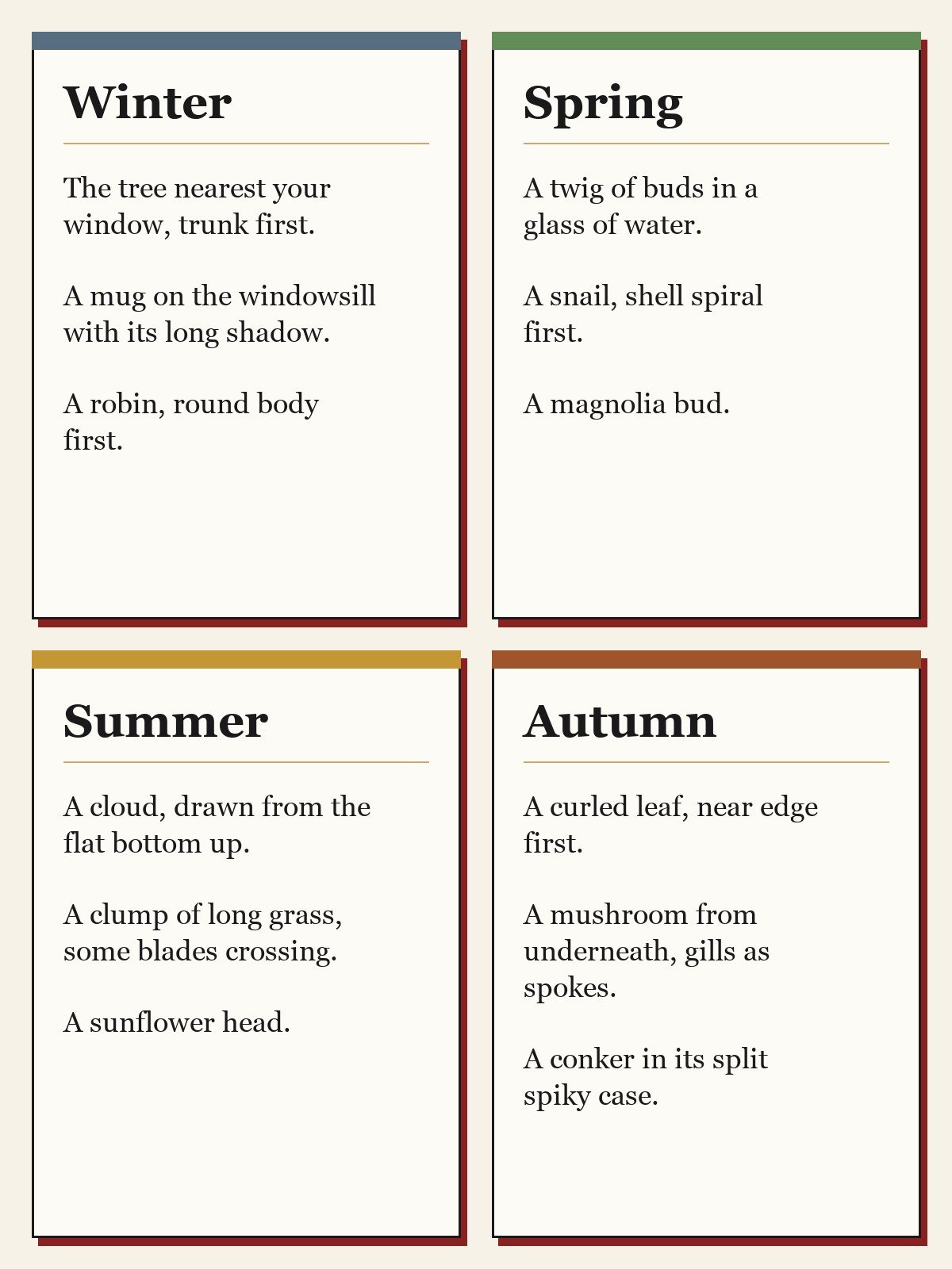 Sample cards of drawing prompts for adults for winter, spring, summer and autumn