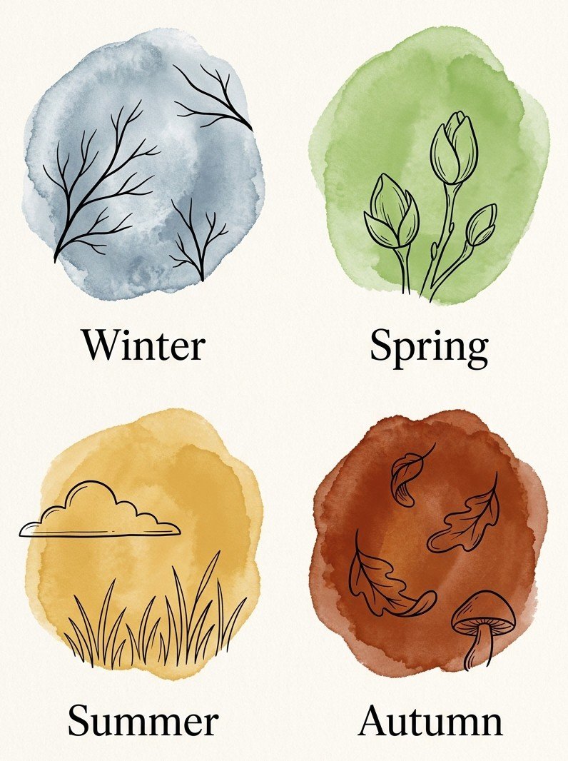 Seasonal colour chart for drawing prompts for adults: winter blue-grey, spring green, summer gold and autumn russet