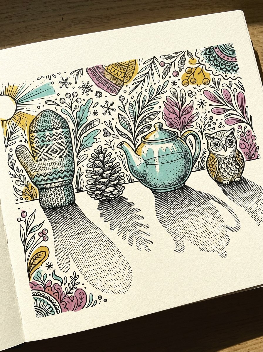 Drawing prompts for adults, winter still life drawing with long shadows: a mitten, a pinecone, a teapot and a small ceramic owl