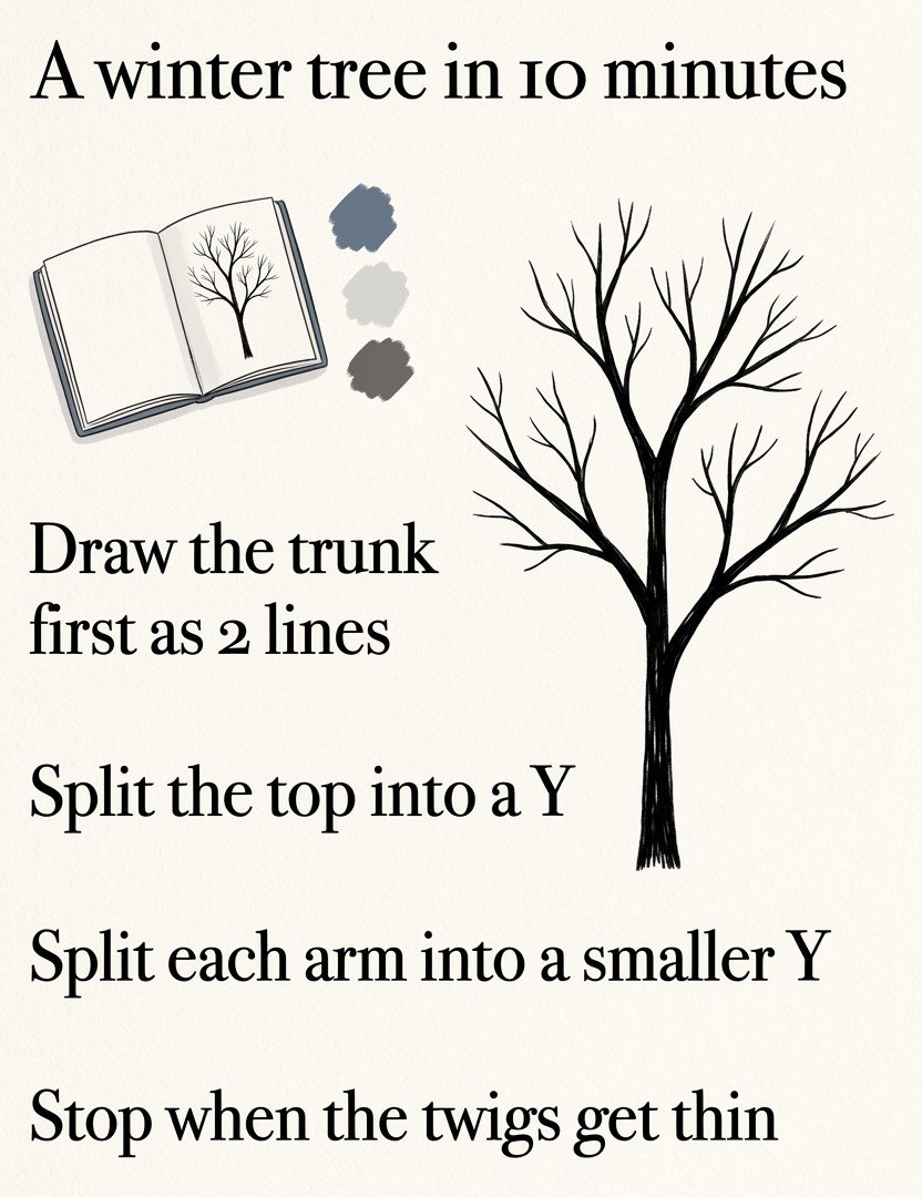 One of the winter drawing prompts for adults: a tree in 10 minutes, from the trunk to Y-shaped twigs